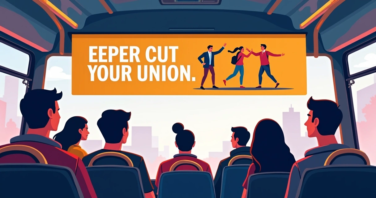 Painel interno de ônibus mostrando mensagem sindical 