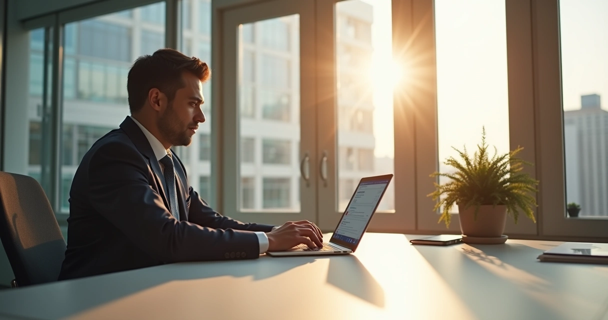 Executivo envia mensagem direta usando notebook em escritório claro, tela com LinkedIn 