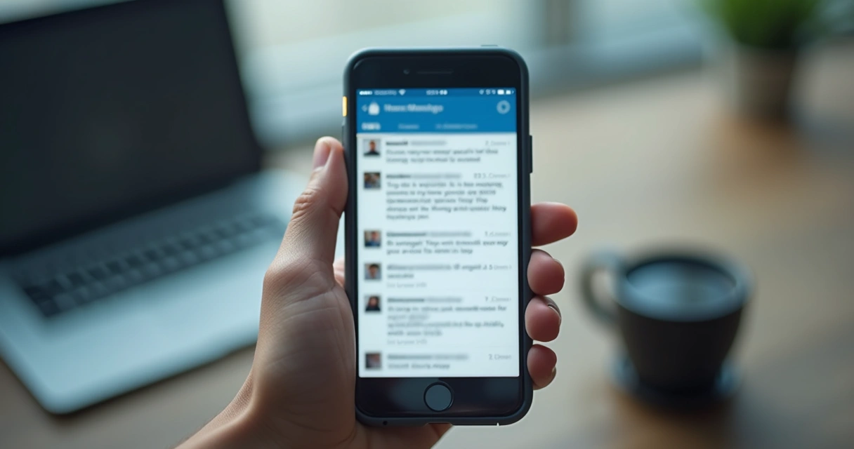 Pessoa segurando smartphone com mensagem LinkedIn aberta