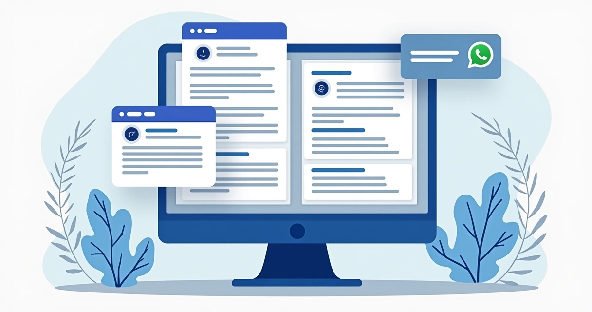 Mensagens diferentes para canais como email, LinkedIn e WhatsApp exibidas em tela dividida 
