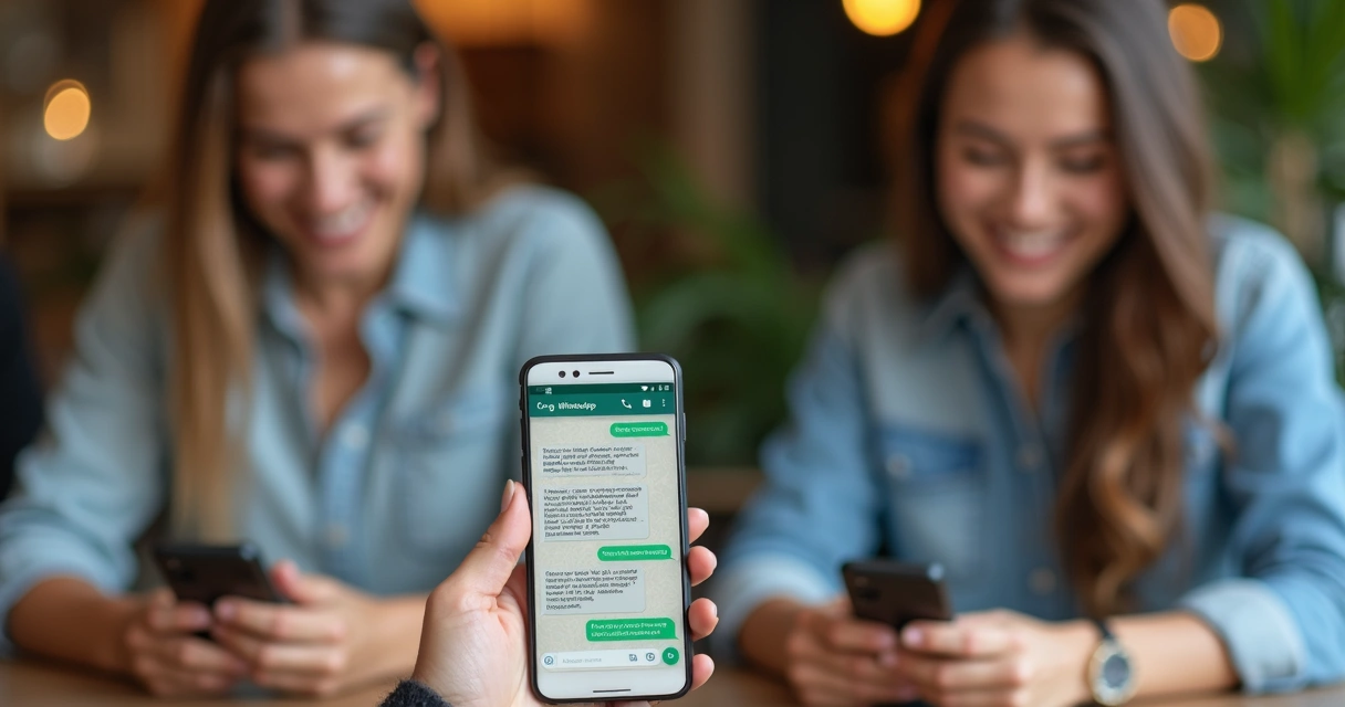 Mensagem padrão enviada por WhatsApp com clientes satisfeitos ao fundo