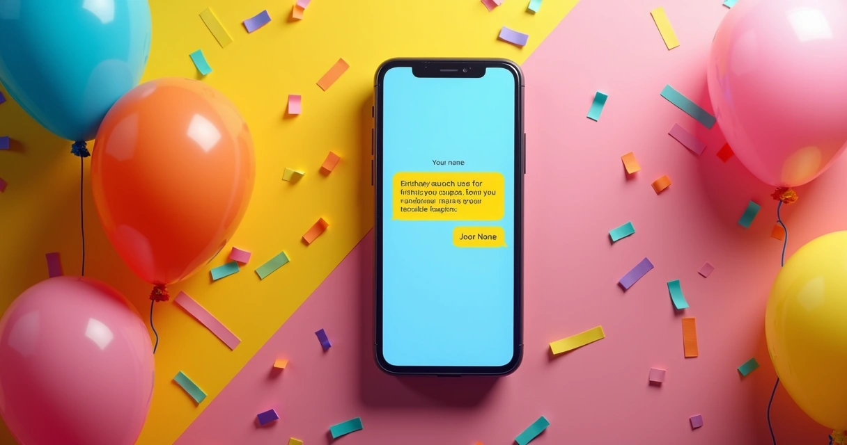 Celular com mensagem de aniversário personalizada recebida, balões e confetes ao redor, fundo colorido