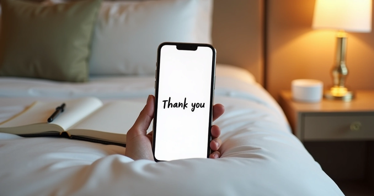 Mensagem de agradecimento em celular sobre cama de hotel 