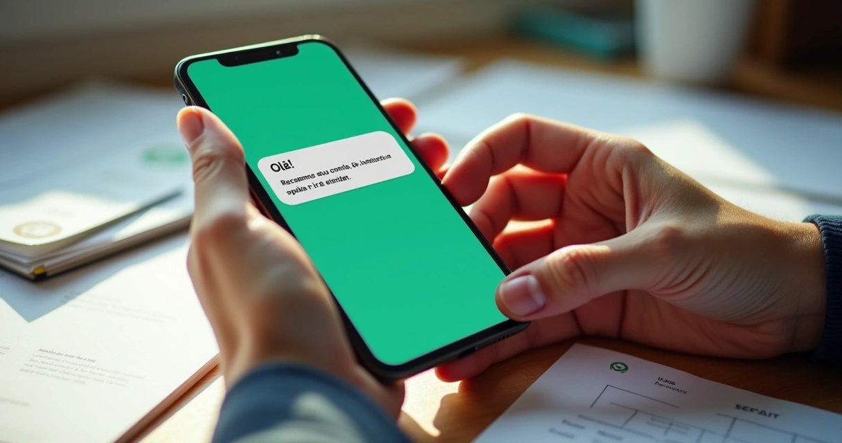 Celular exibindo tela de mensagem automática no WhatsApp em ambiente de trabalho 