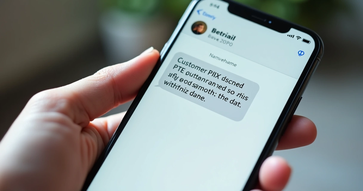 Tela de smartphone com SMS mostrando cobrança Pix personalizada 