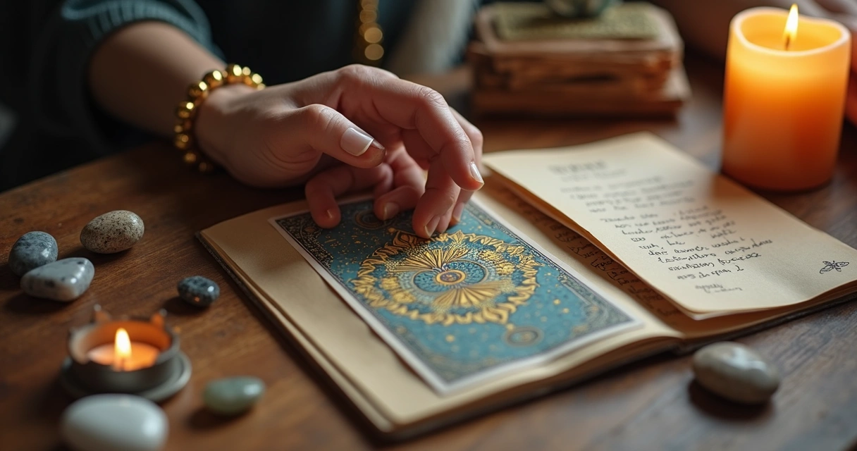 Carta de tarot sendo revelada sobre uma mesa, com anotações e cristais ao redor 