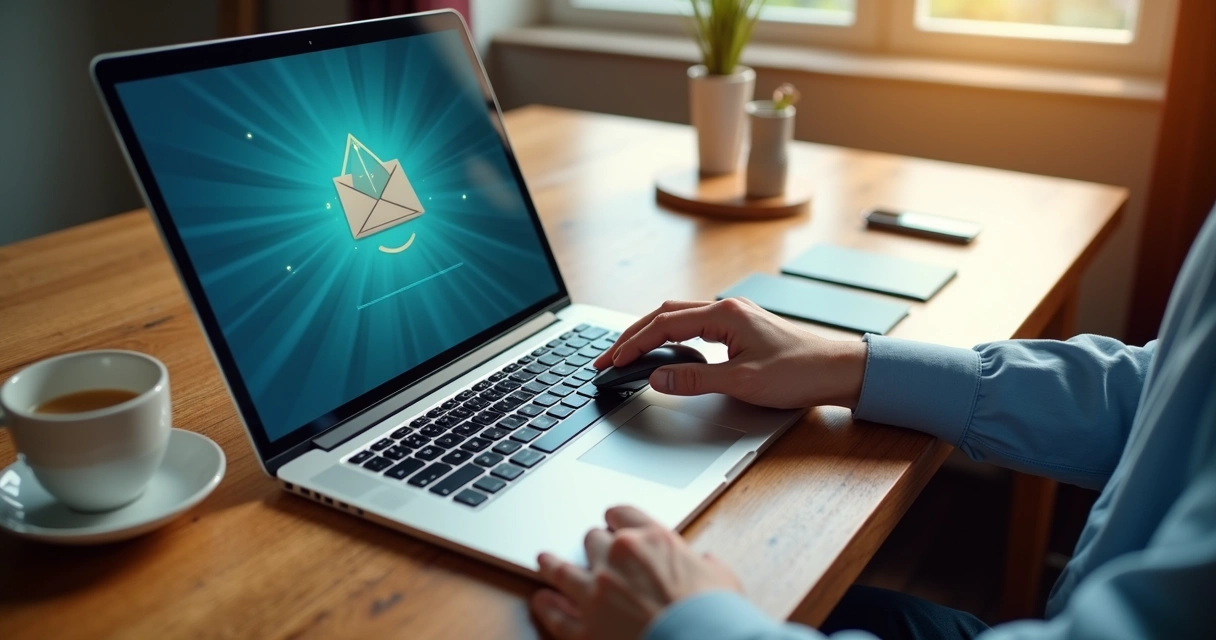 Vendedor enviando conteúdo digital pelo computador