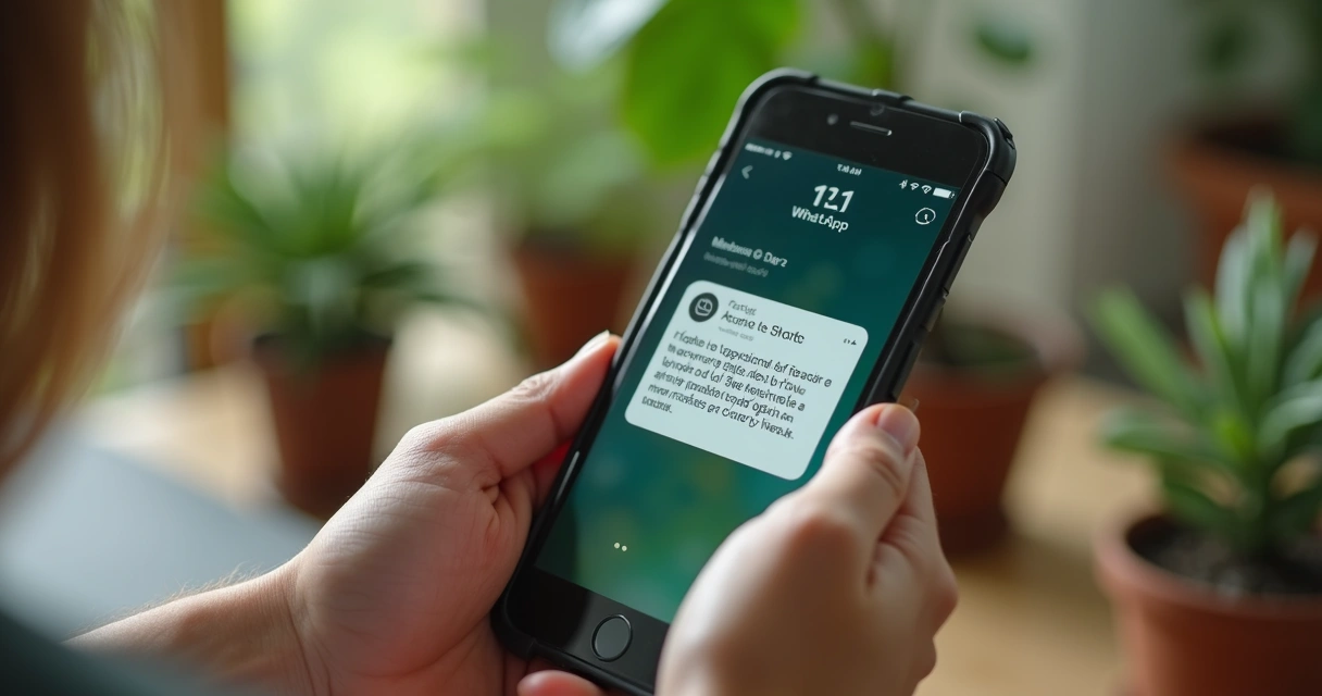 Pessoa lendo mensagem curta no WhatsApp, smartphone em destaque 