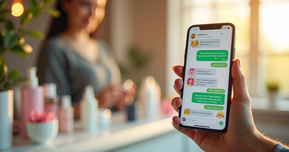Smartphone aberto com conversa no WhatsApp mostrando mensagens personalizadas de aniversário sendo enviadas para clientes 