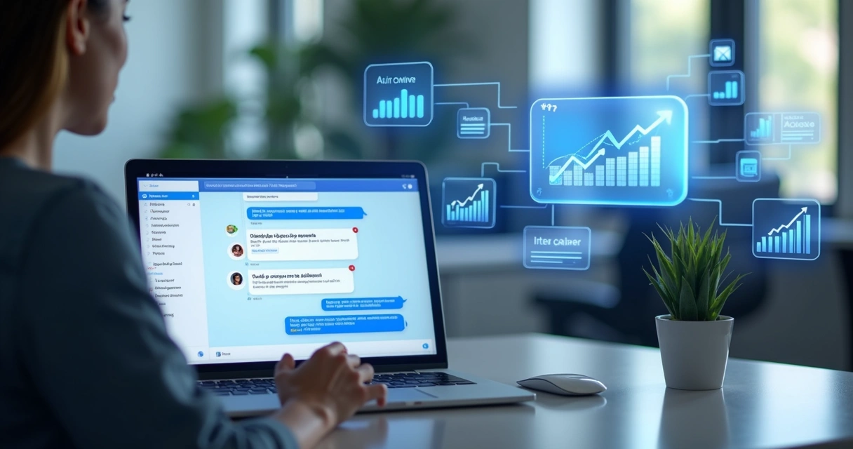 Pessoa utilizando computador com janela do Messenger aberta e mensagens automáticas sendo enviadas 