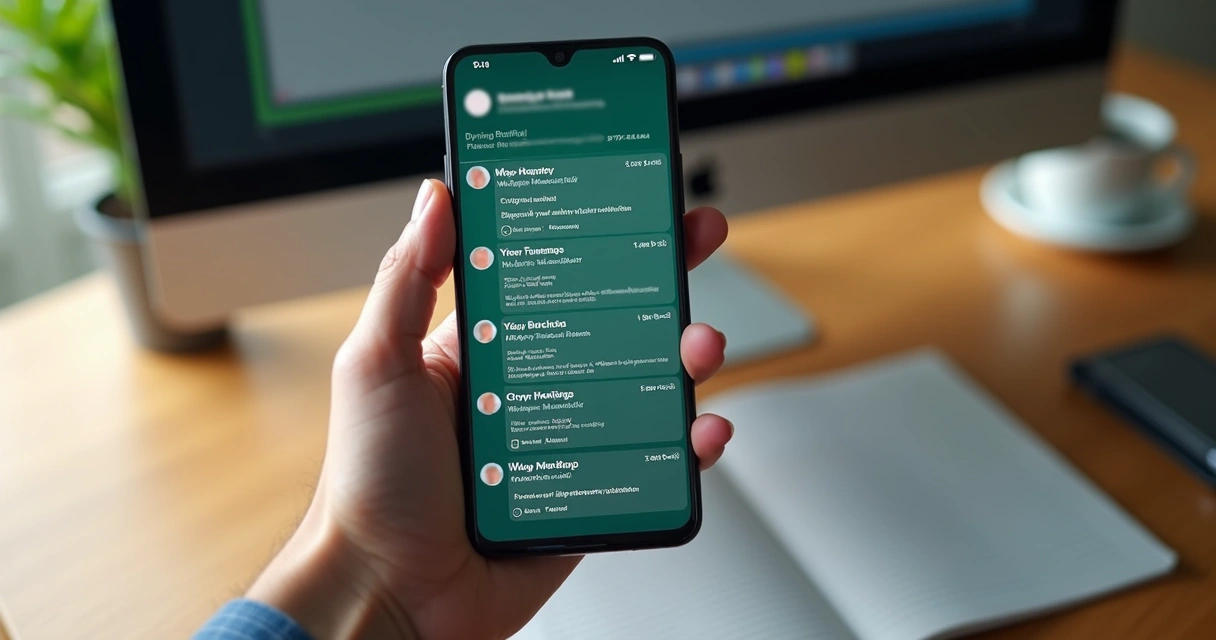 Celular exibindo notificações automáticas do WhatsApp em tela com interface de chat 