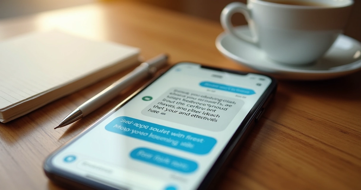 Tela de celular com mensagens acolhedoras e caderno ao lado