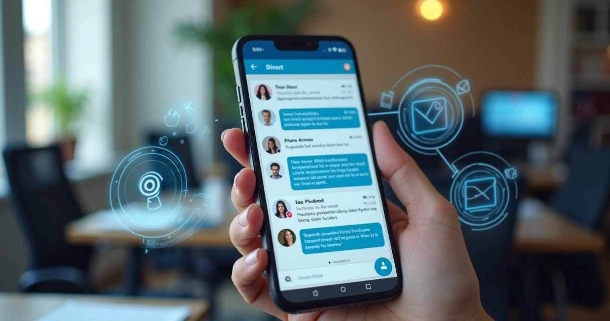Sequência de mensagens diretas automáticas em LinkedIn exibida em um smartphone