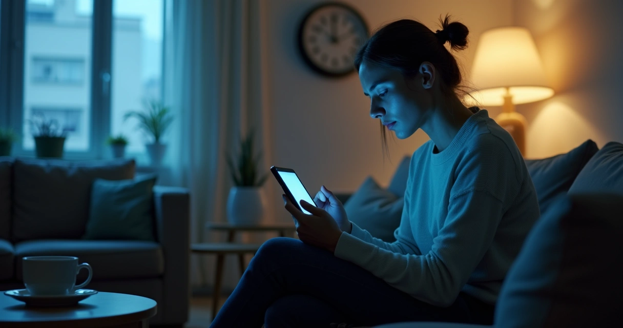 Pessoa olhando celular em ambiente silencioso 