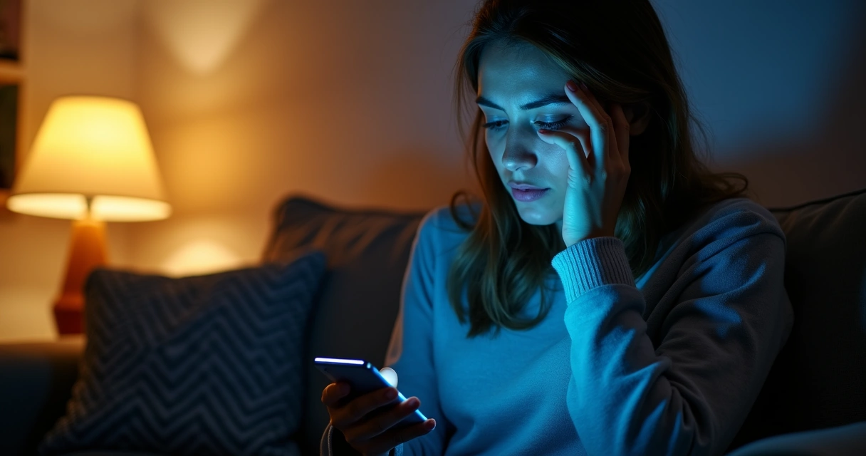 Pessoa olhando mensagens no celular com expressão tensa 
