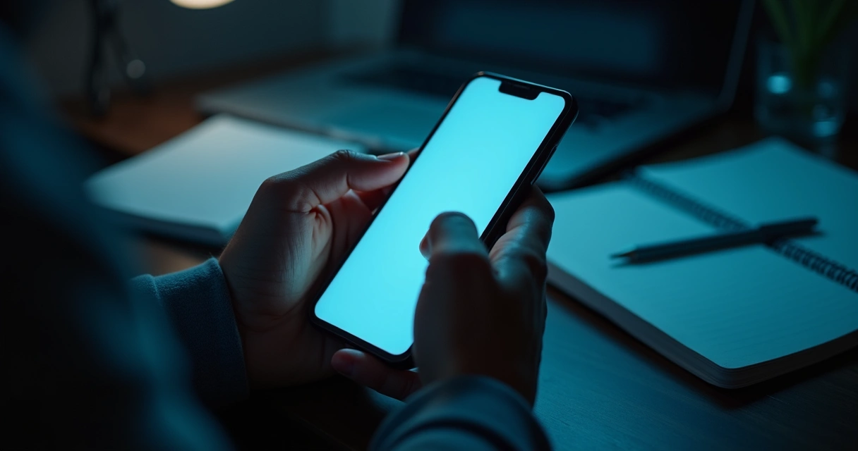 Tela de celular com mensagens hostis e pessoa em ambiente escuro 