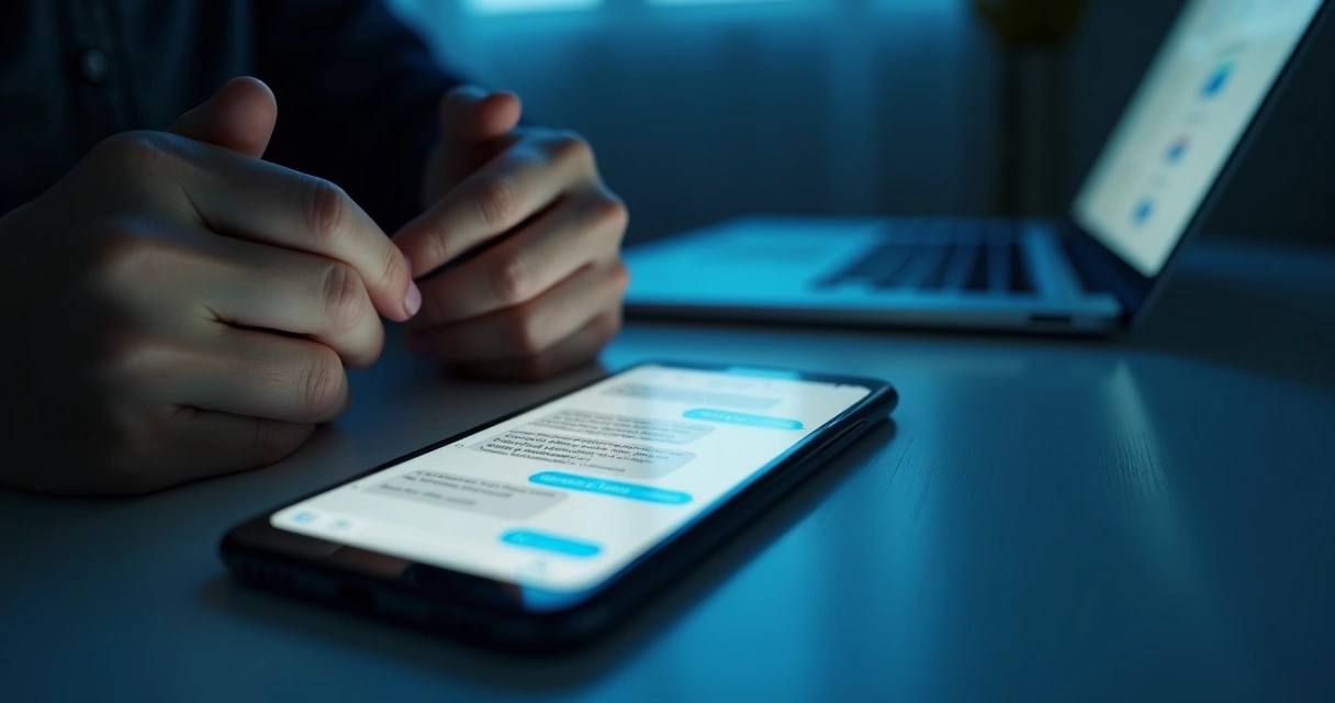 Tela de celular com mensagens ambíguas e expressão tensa