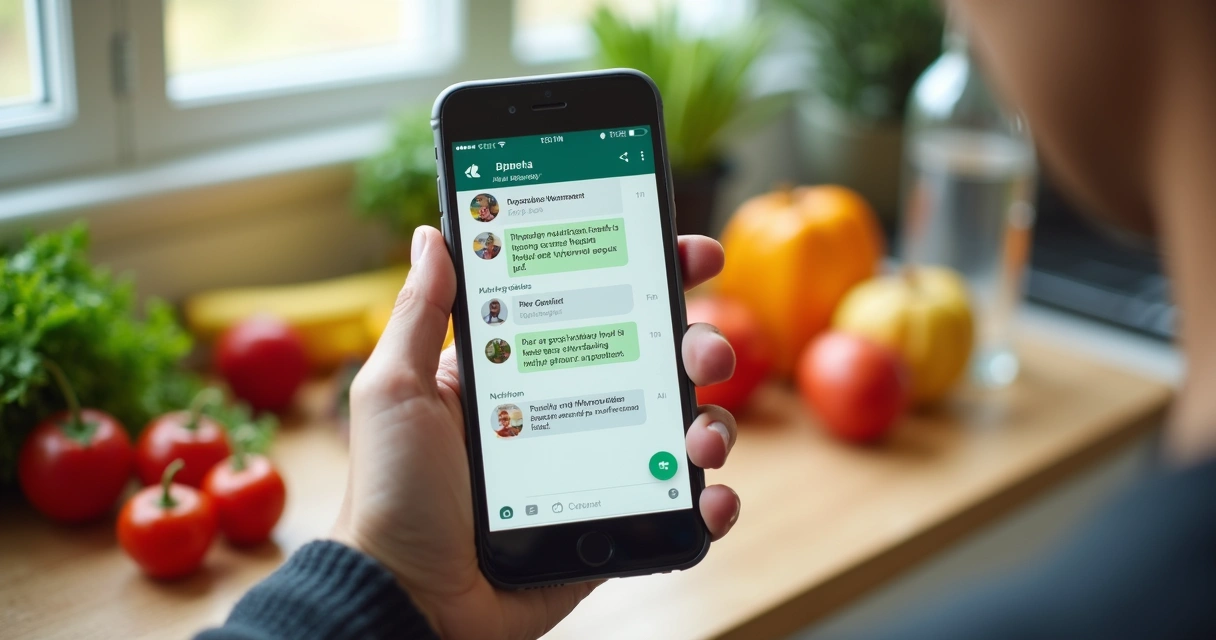 Celular mostrando mensagens motivacionais de nutricionista no WhatsApp