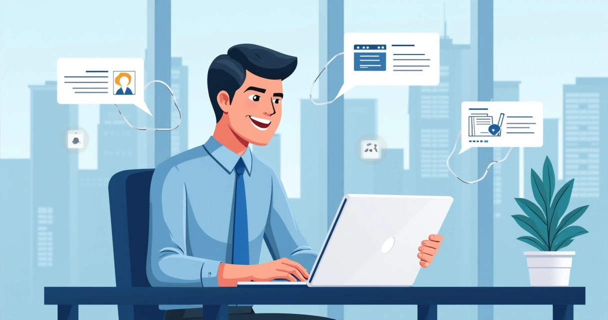 Ilustração de mensagem de LinkedIn personalizada chegando para um gestor em escritório moderno