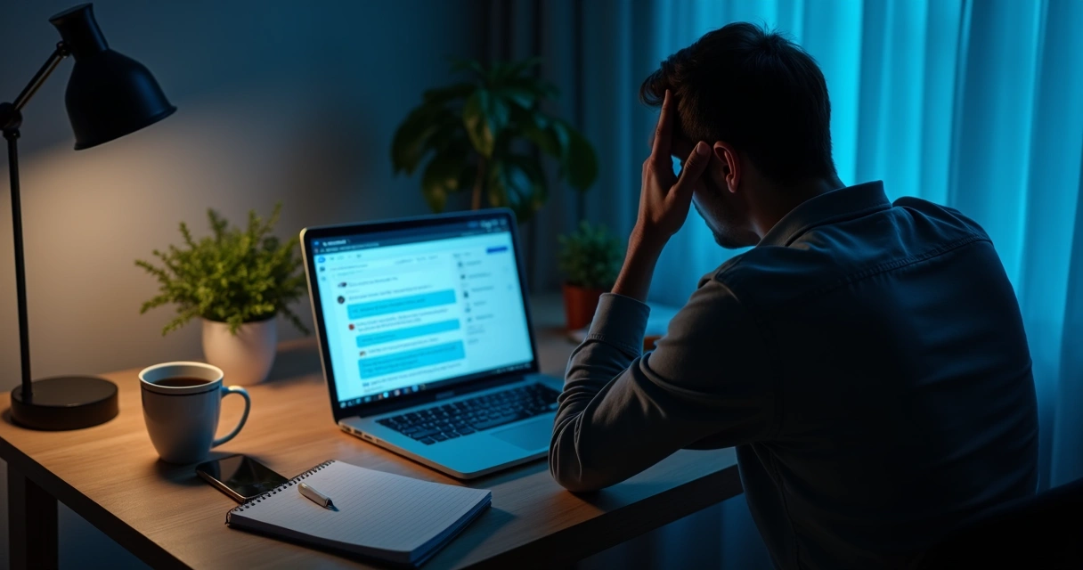 Tela de notebook com mensagens de cobrança e pessoa tensa em home office 