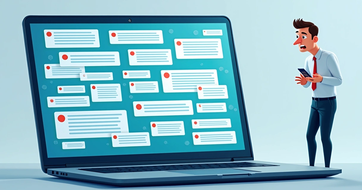 Tela de computador exibindo diversas mensagens automáticas repetidas e irritando um usuário. 