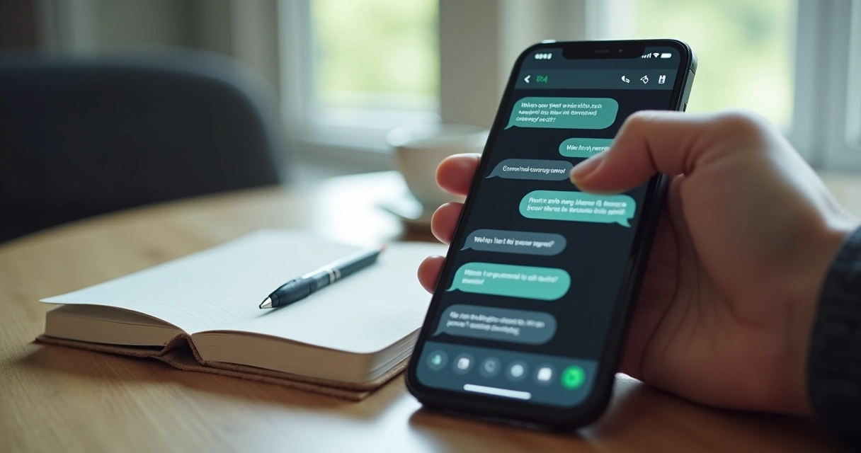Tela de celular com mensagens tensas e mão sobre a mesa