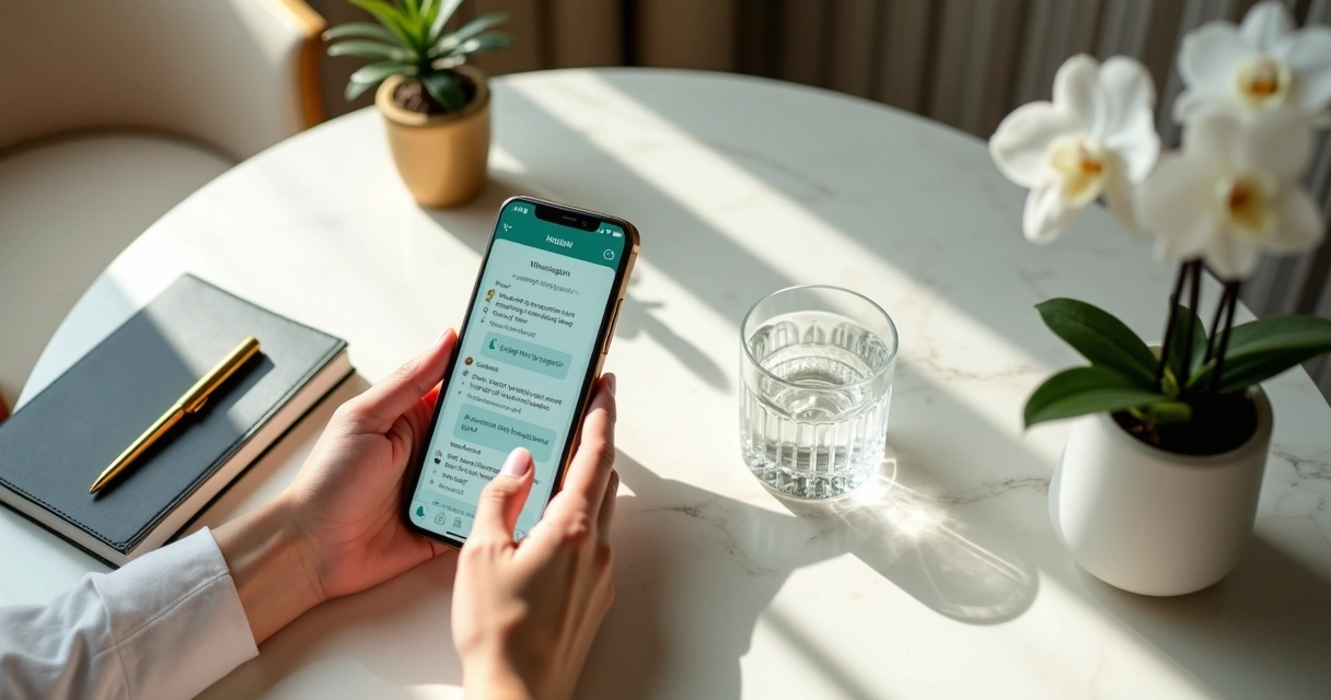 Mãos segurando smartphone com conversa elegante de WhatsApp sobre mesa sofisticada de clínica premium 