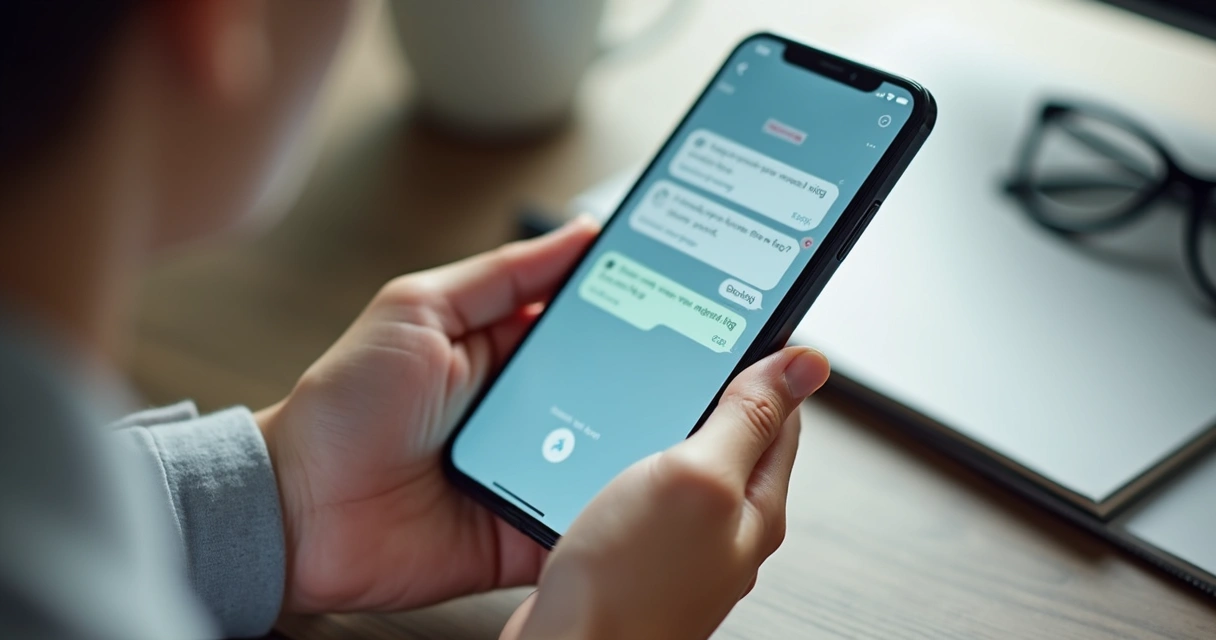 Manos usando teléfono con mensajes y ajustes de privacidad visibles