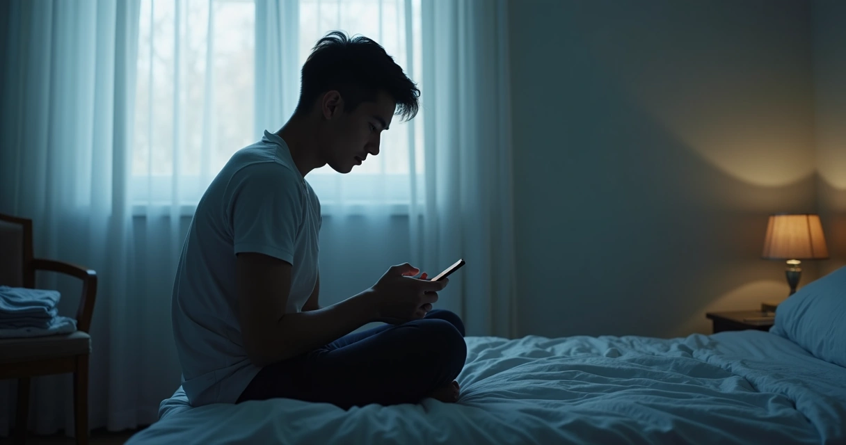 Persona mirando un teléfono en una habitación silenciosa 