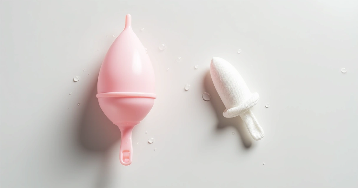 Menstrual cup and tampon lying side by side on white background 