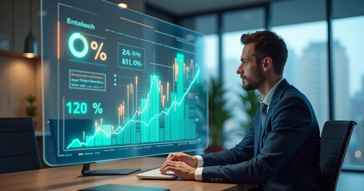 Empresário analisando gráficos digitais de ROI de IA em tela transparente com ambiente de escritório moderno ao fundo 