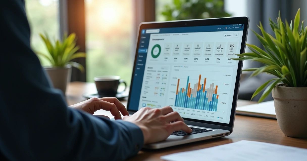 Profissional analisando métricas de engajamento em notebook no escritório 