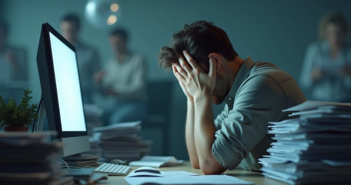 Overwhelmed person sitting at a desk with hands covering face