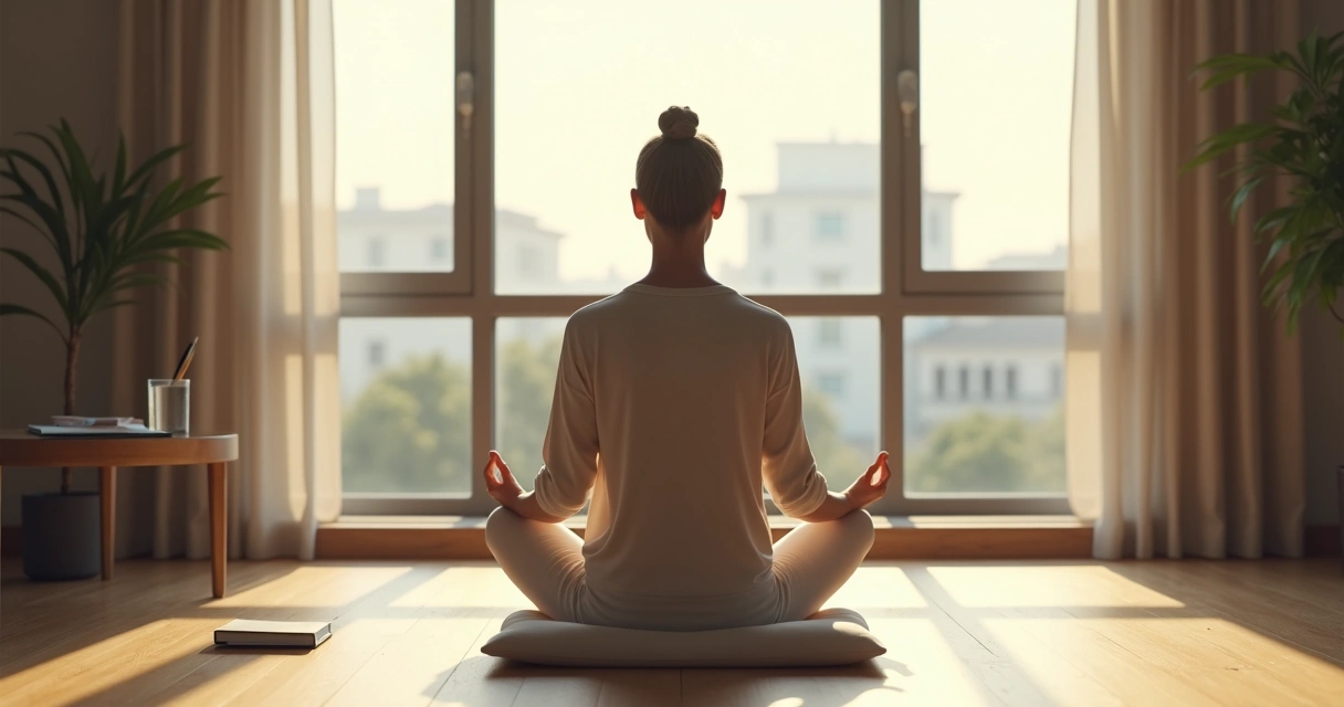 Person meditating by a window with focused light on their head 