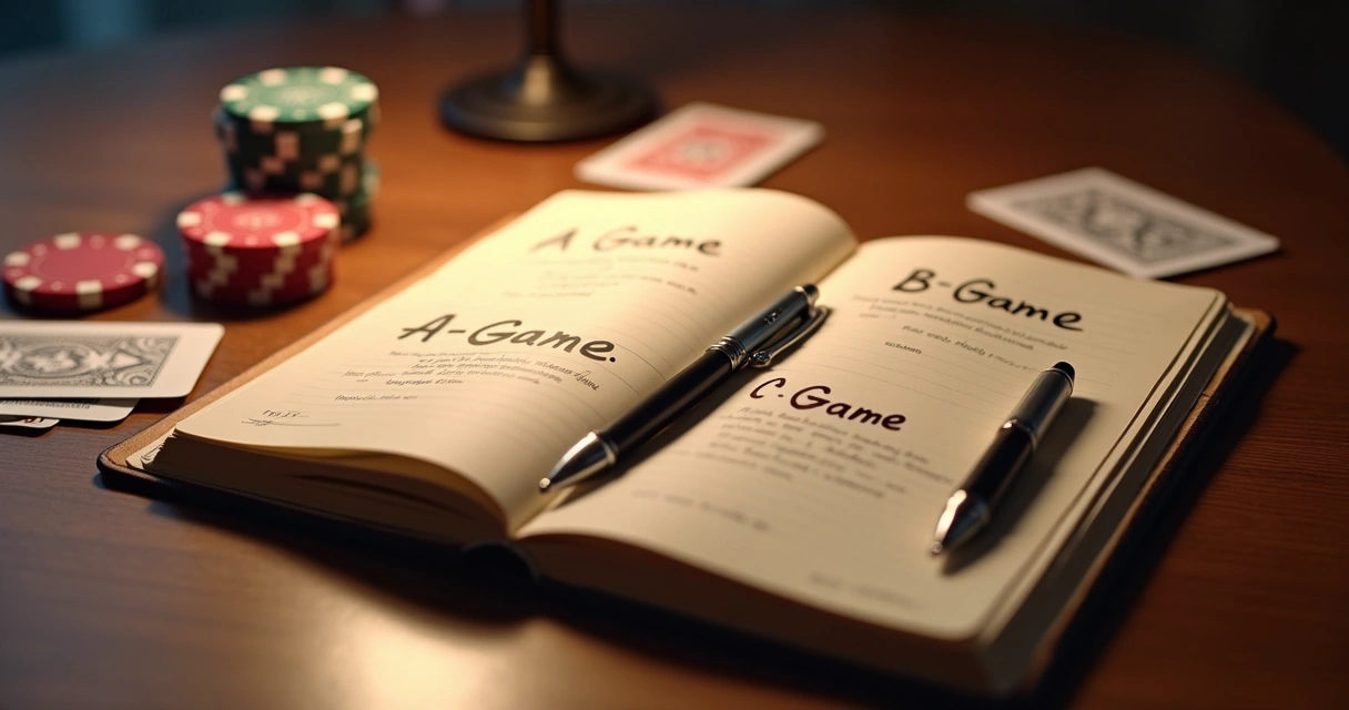 Notebook open on table with poker notes 