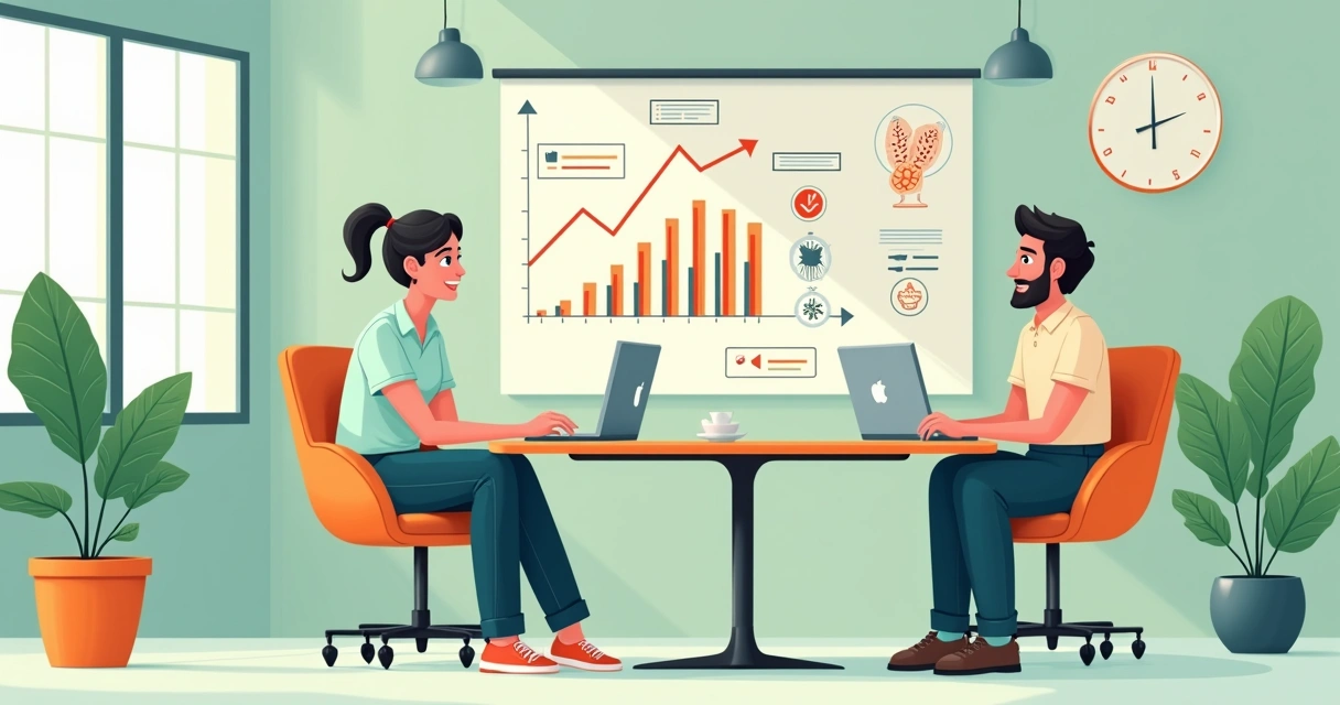 Small tech office with a wall chart showing growth and wellness perks 