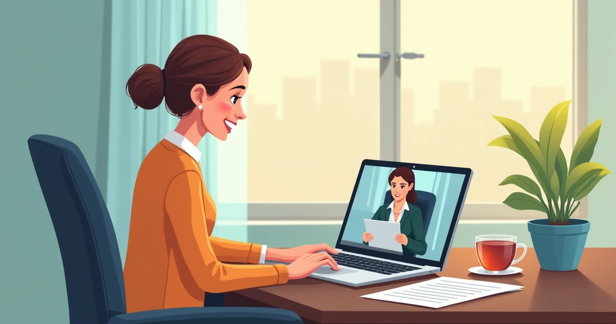 Employee in a private office using video teletherapy on a laptop 