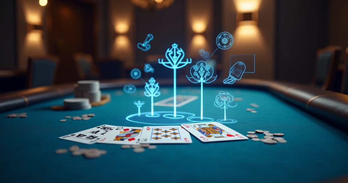 Poker table with glowing pattern recognition overlay 