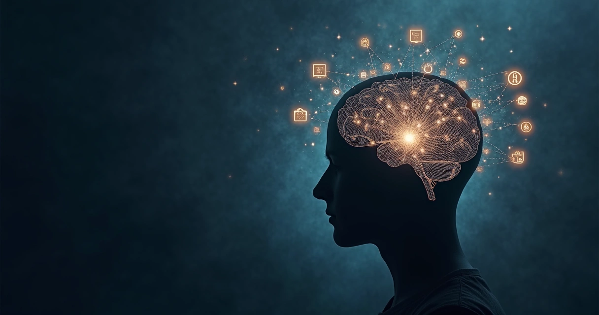 Human head silhouette with overlapping conceptual icons representing daily decisions 