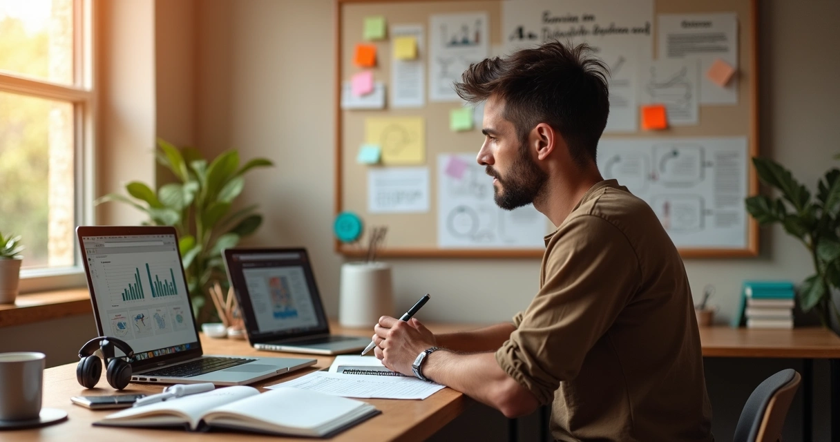 Persona adulta estudiando con cuadernos y computadora en un escritorio iluminado 