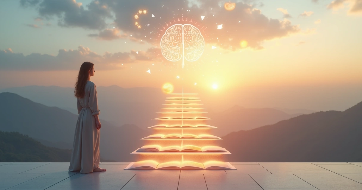 Persona observando un camino de pasos ascendentes formados por libros y símbolos de crecimiento 