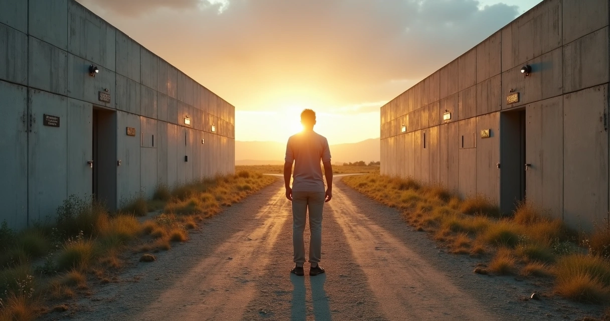 Persona frente a un camino dividido entre rigidez y crecimiento 