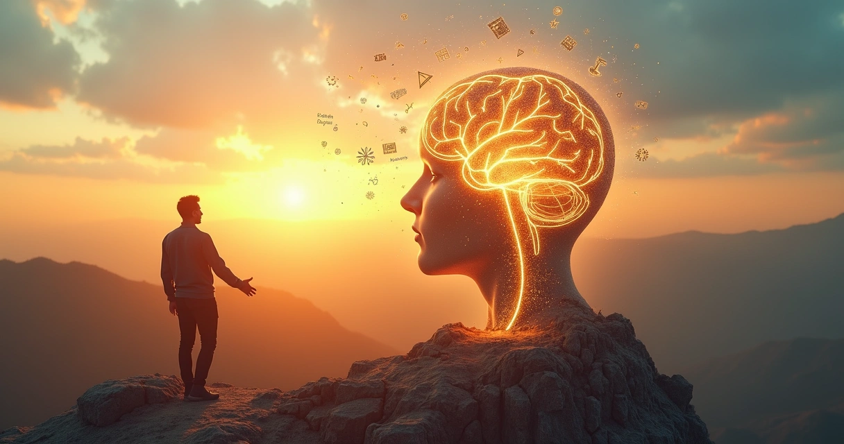 Persona en una montaña visualizando una mente luminosa y caminos de crecimiento 