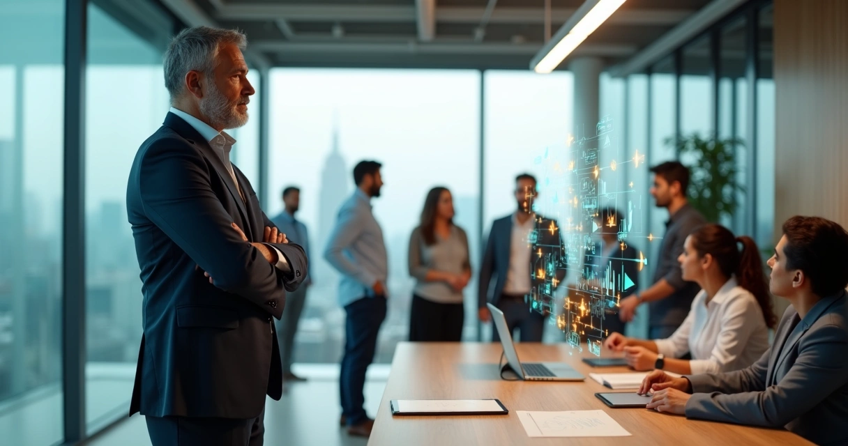 Líder observando equipe em um escritório moderno com peças de quebra-cabeça conectadas no ar 