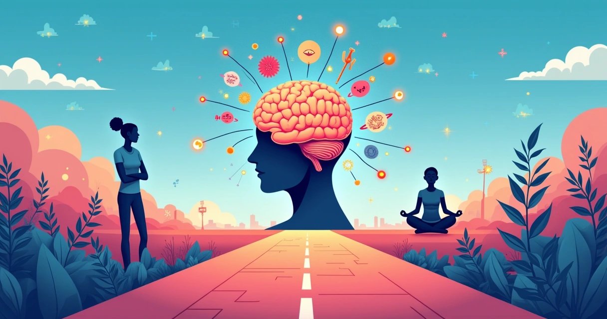 Ilustração colorida da mentalidade de alta performance com símbolos de disciplina, autoconhecimento e persistência.