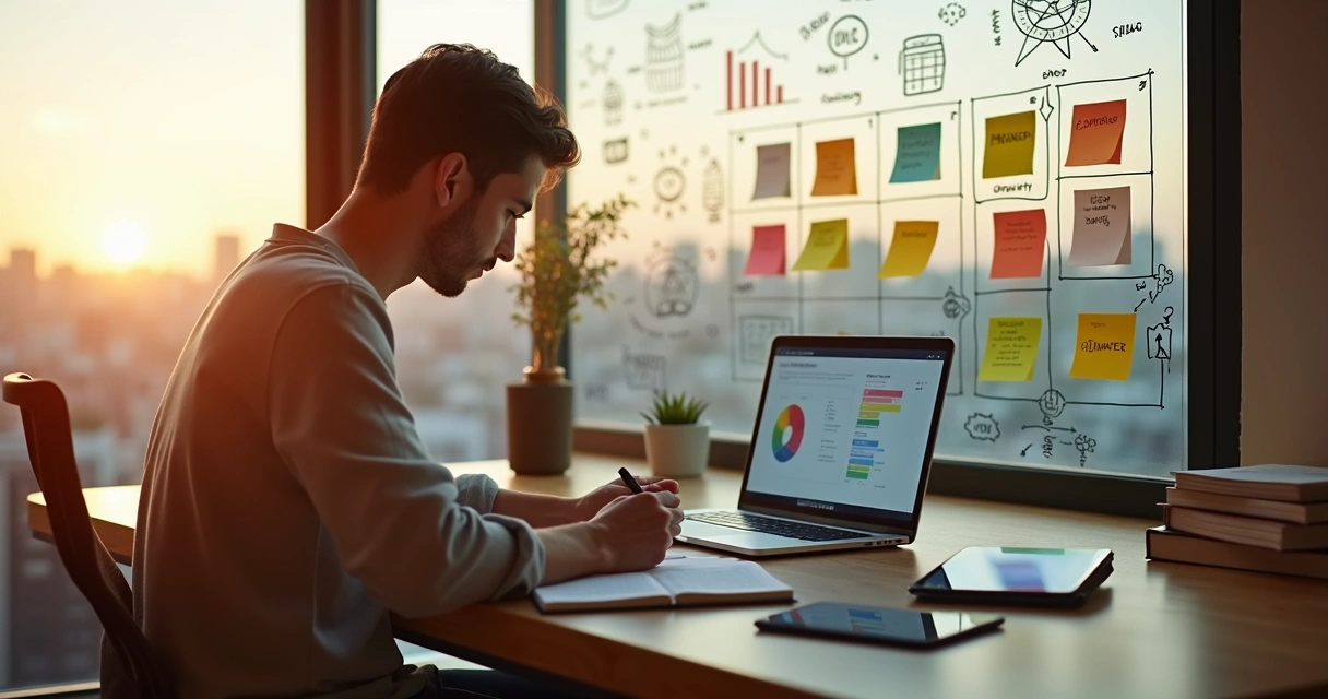 Pessoa estudando em ambiente moderno com elementos que simbolizam aprendizado contínuo 