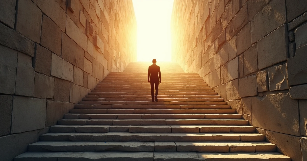 Pessoa caminhando em direção a uma escadaria iluminada. 