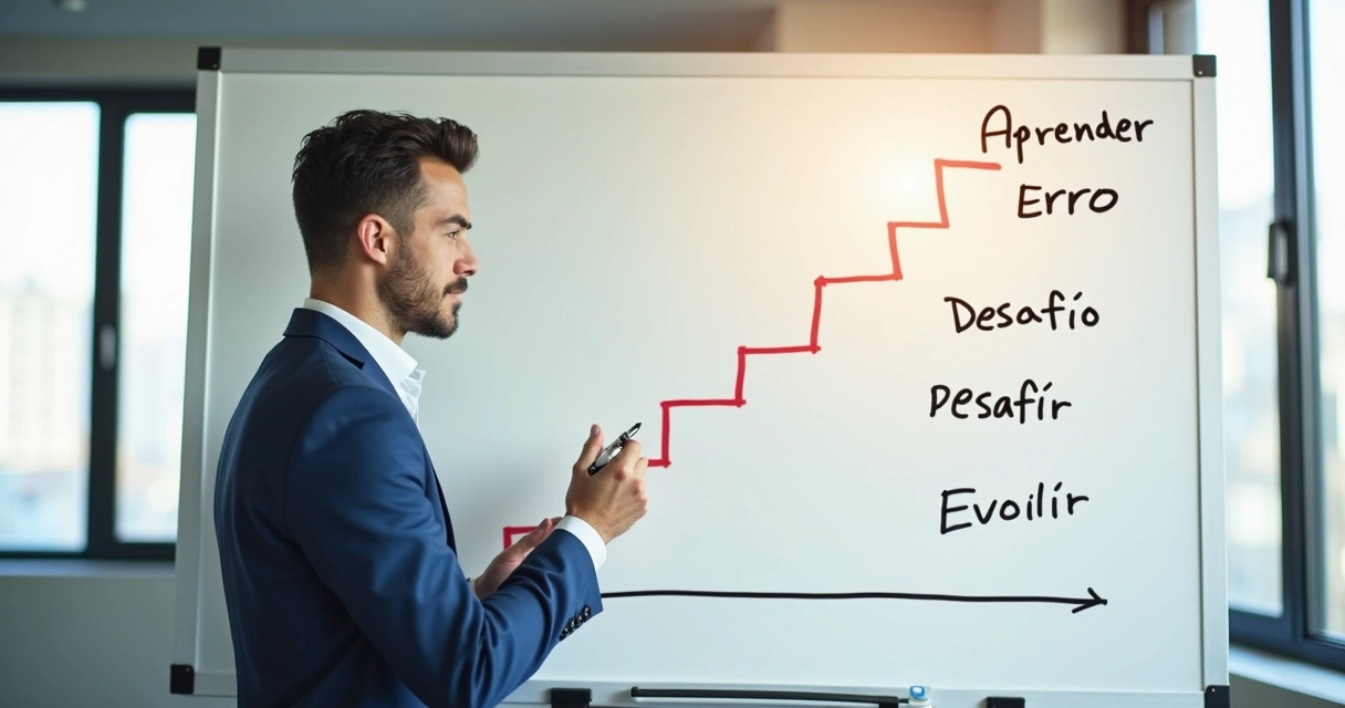 Pessoa refletindo diante de quadro com desenho de escada e degraus 