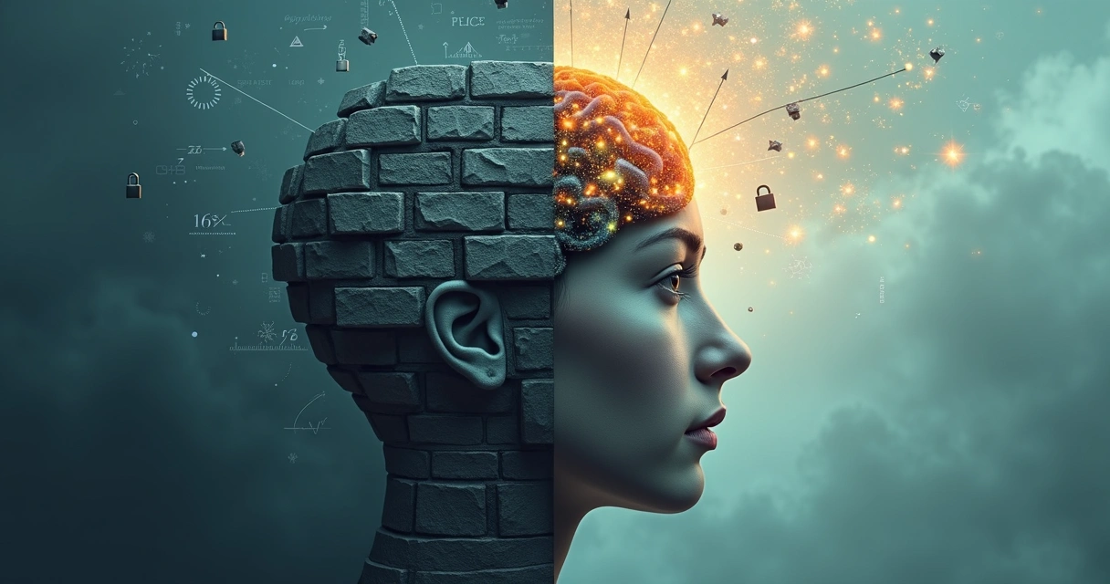 Cérebro dividido ao meio mostrando de um lado mentalidade fixa e do outro mentalidade de crescimento 