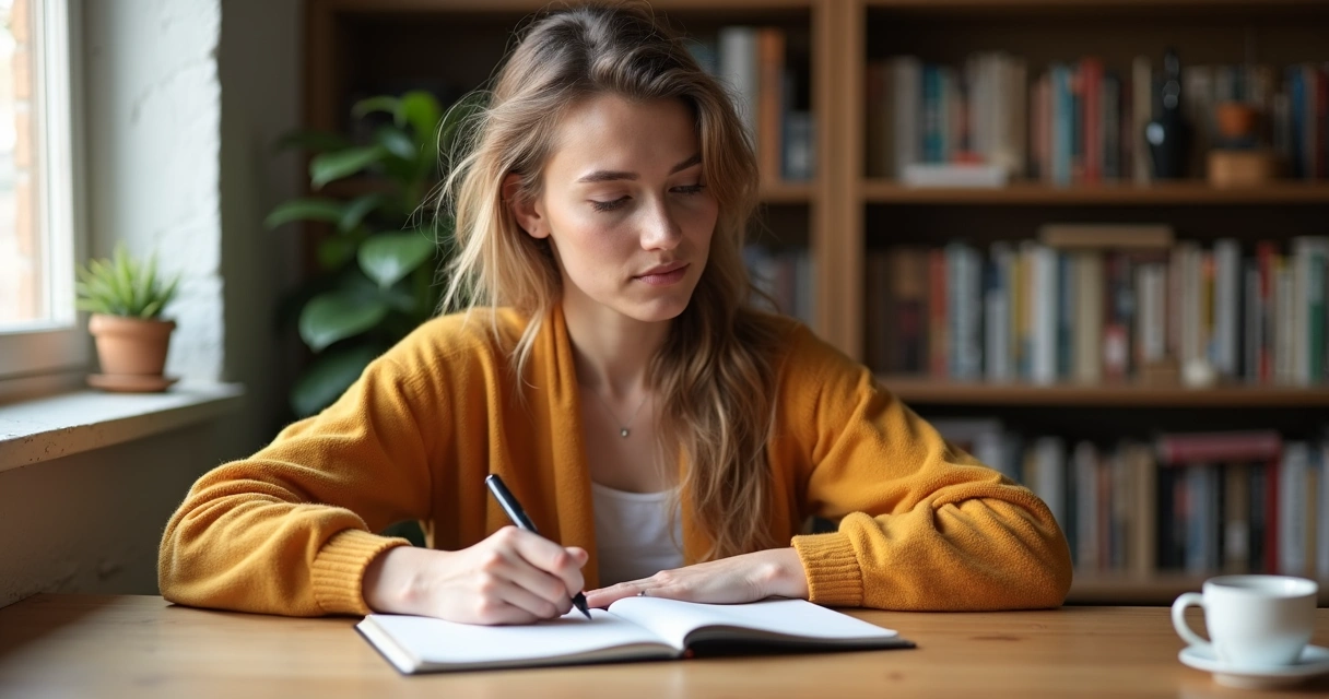 Pessoa refletindo calmamente sobre escolha profissional sentada à mesa 
